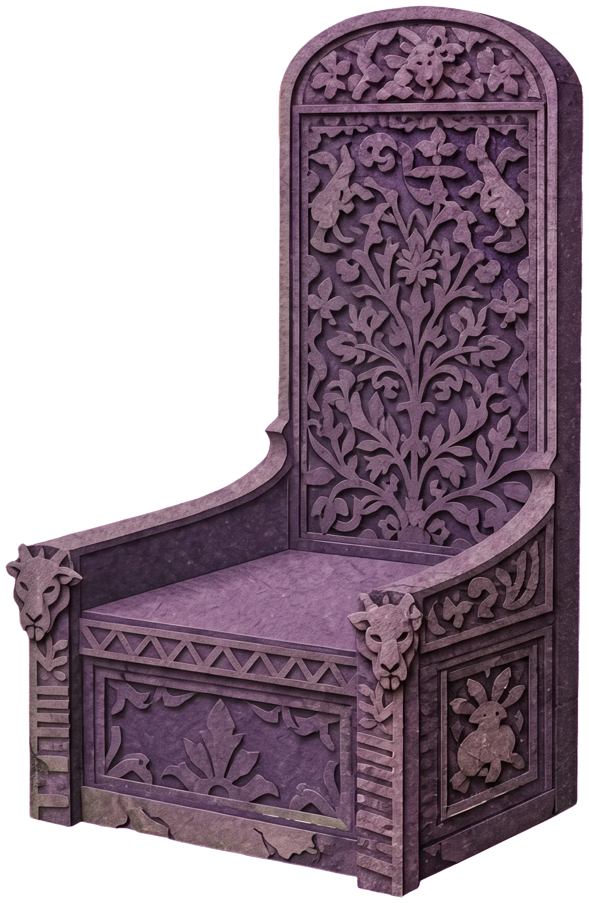 The side of a grey-violet stone throne carved with an animal head on the armrest and a rabbit on the panel below