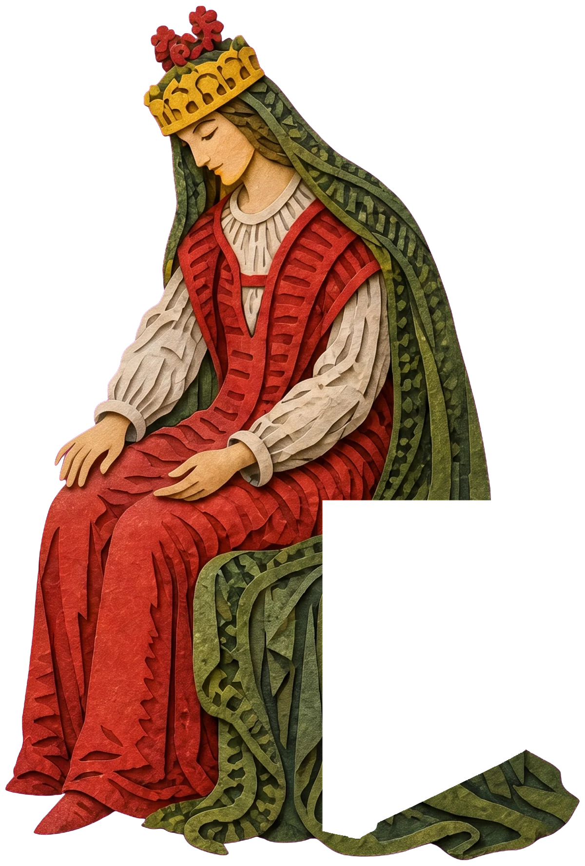 A queen with lowered eyes, wearing a gold crown with red flowers over a long green veil, beside a carved throne