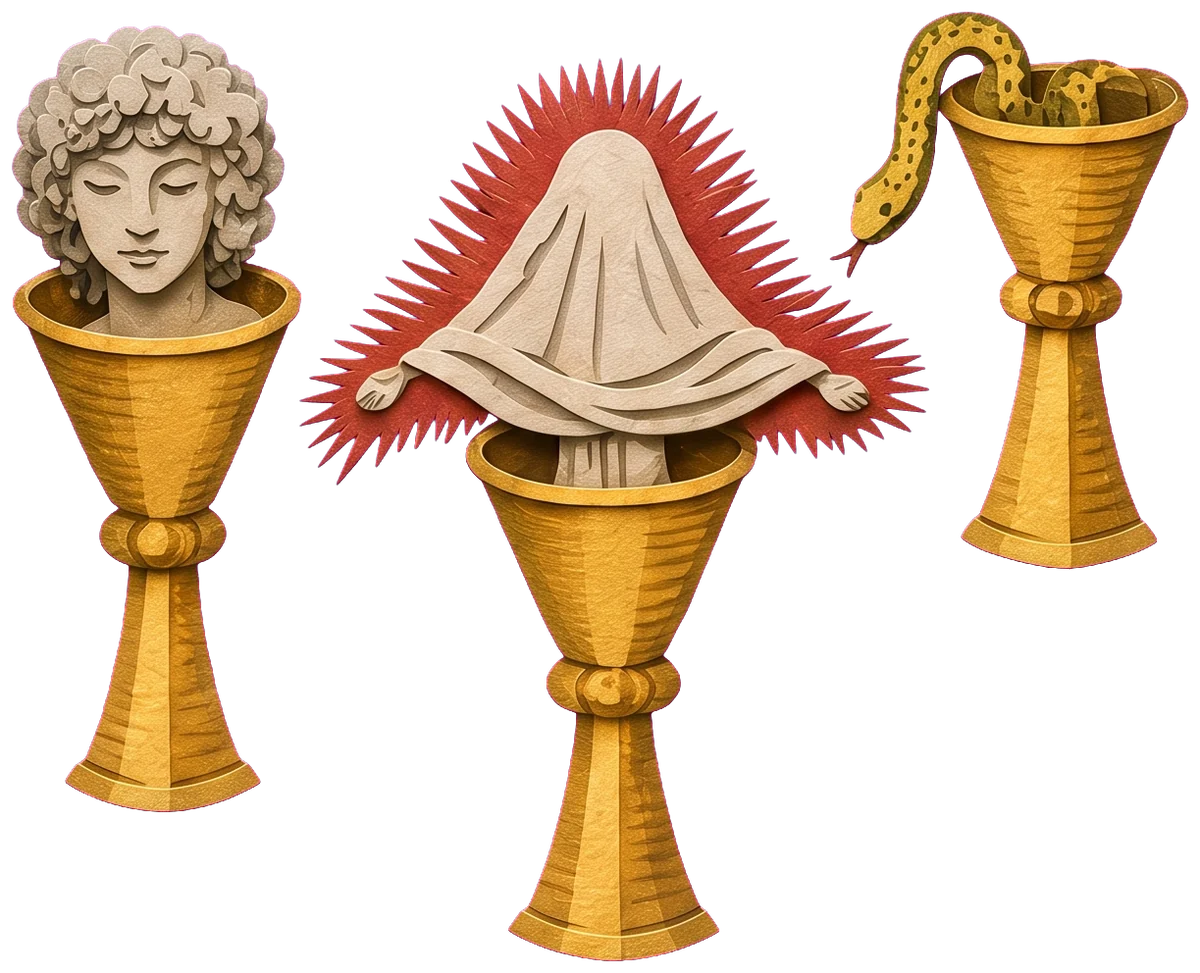 A figure covered by a cream veil, arms out, rising from a golden cup in front of a ring of red spiky rays