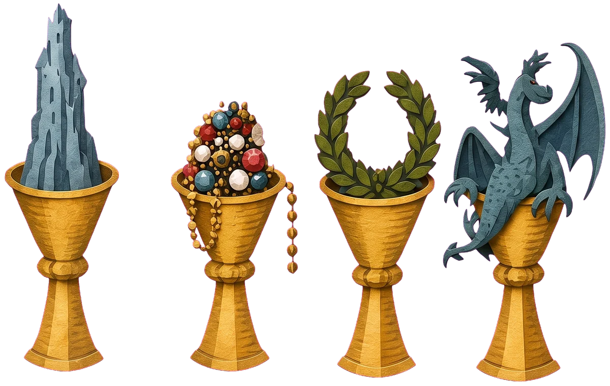 A golden cup overflowing with red, blue, white and gold jewels and strings of beads, next to a cup holding a green laurel wreath