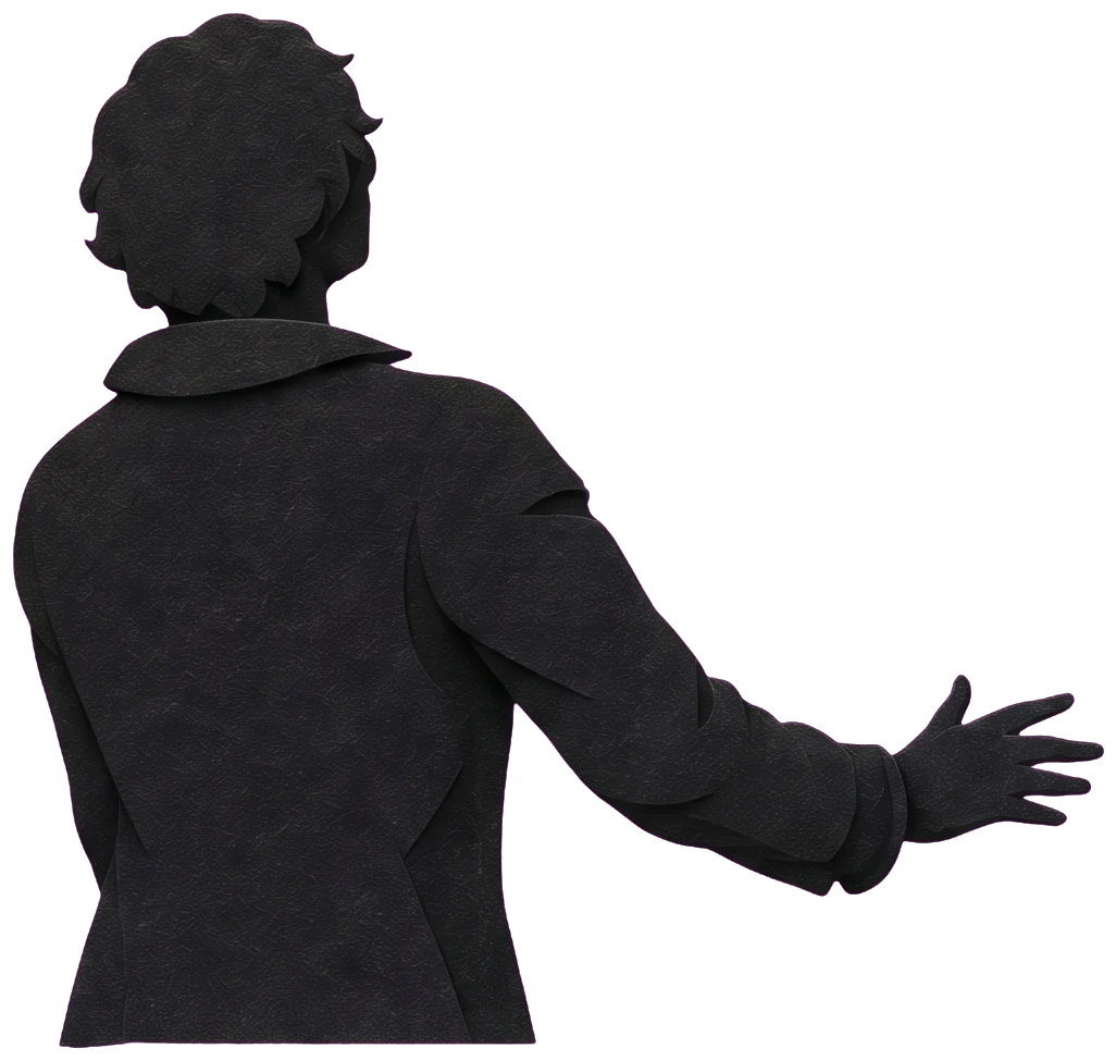 A black silhouette of a figure seen from behind, one arm stretched out toward a row of golden cups on clouds