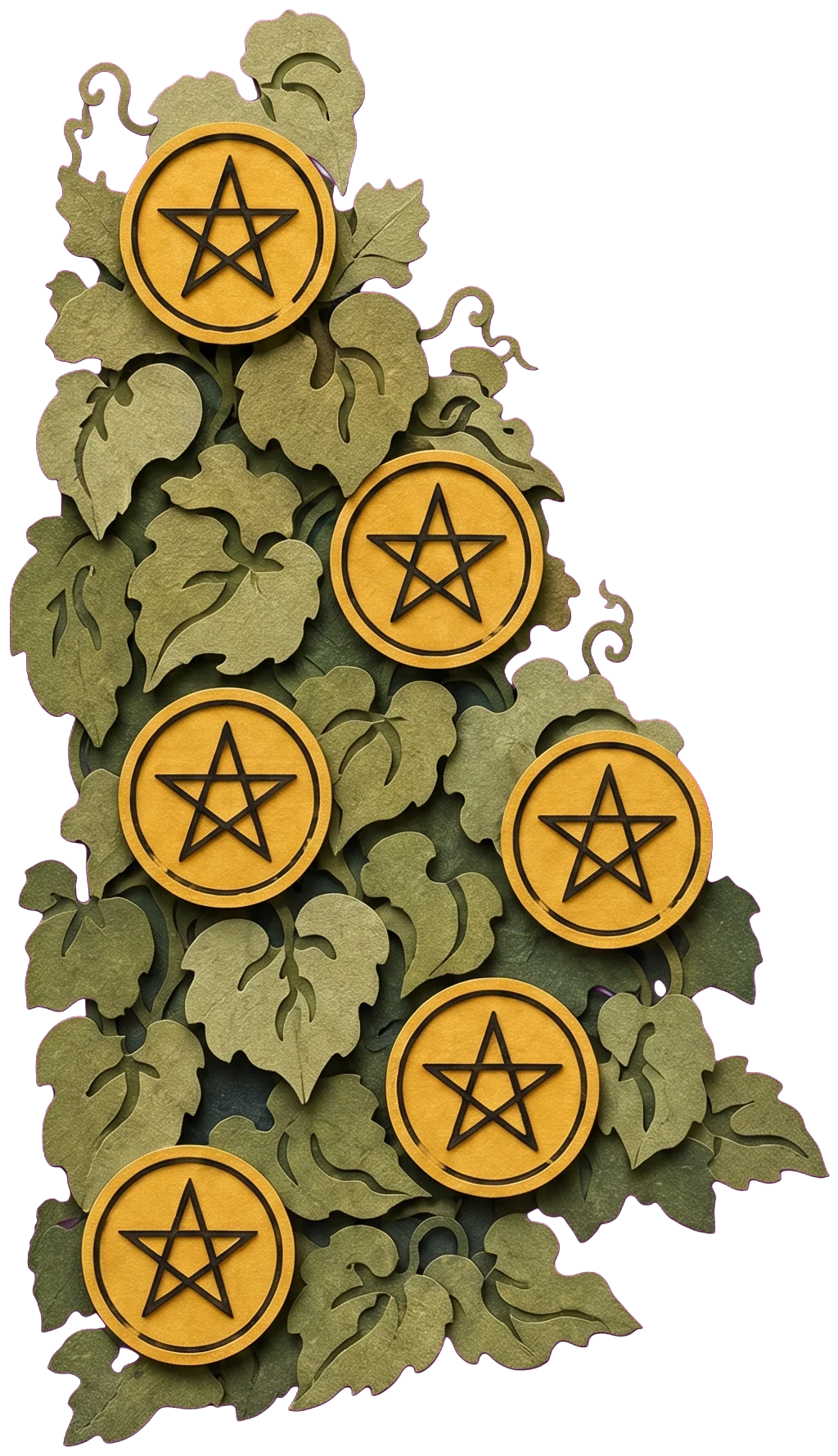 A tall leafy green vine with golden pentacles growing among the leaves