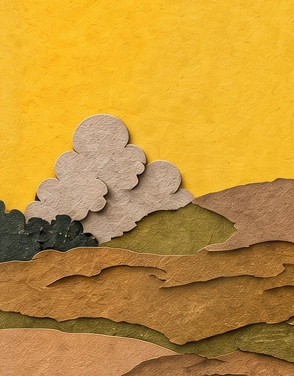 A bright yellow sky with a grey cloud over rolling green and brown ground, with the thief's leg striding past
