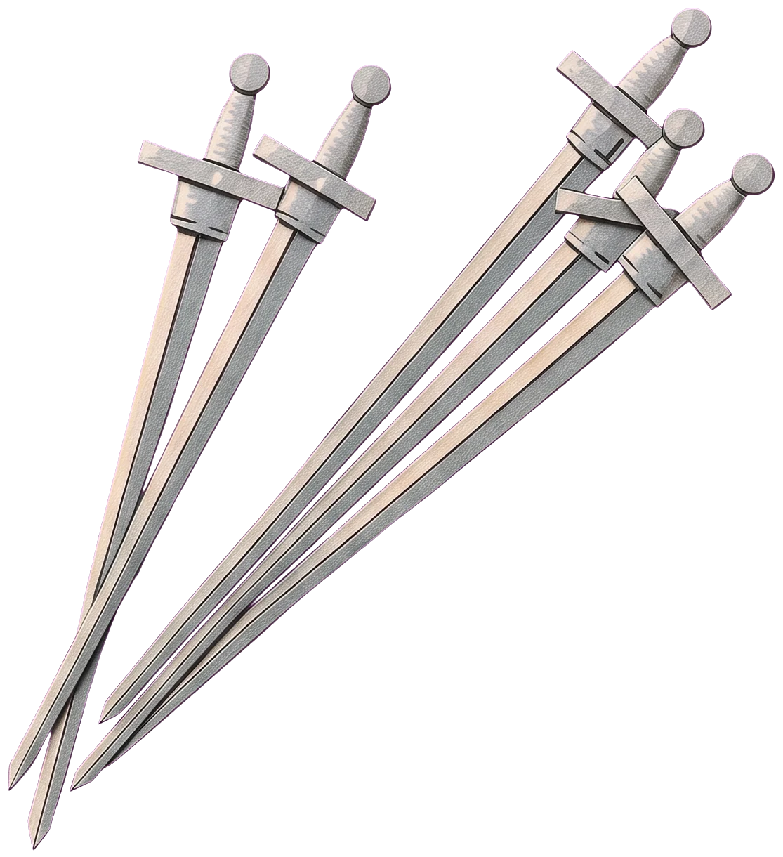 Two hands clutching a bundle of five swords held by their blades against a tan tunic