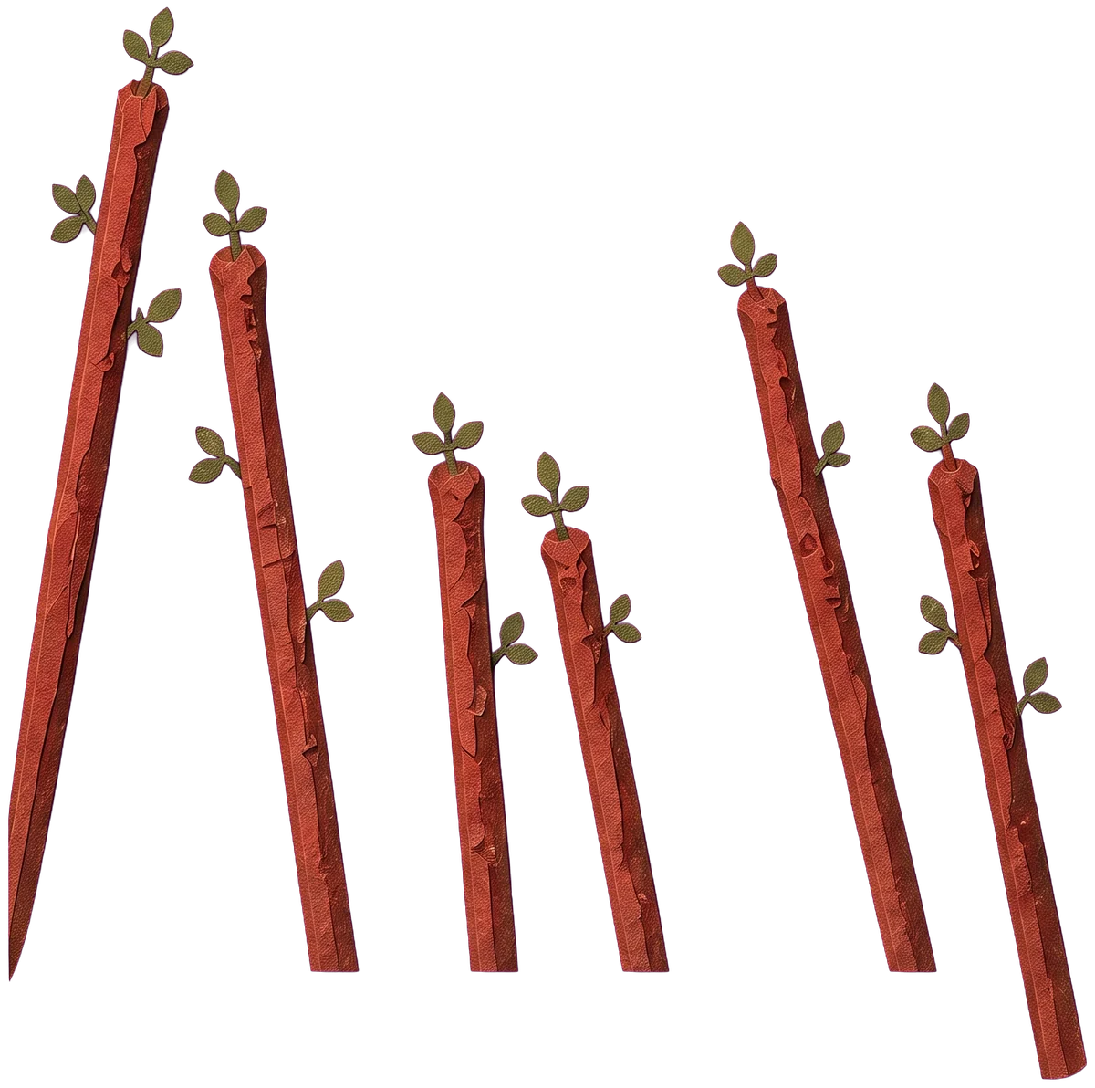 Three red-brown wands with green shoots rising at an angle from below, with the sky behind them