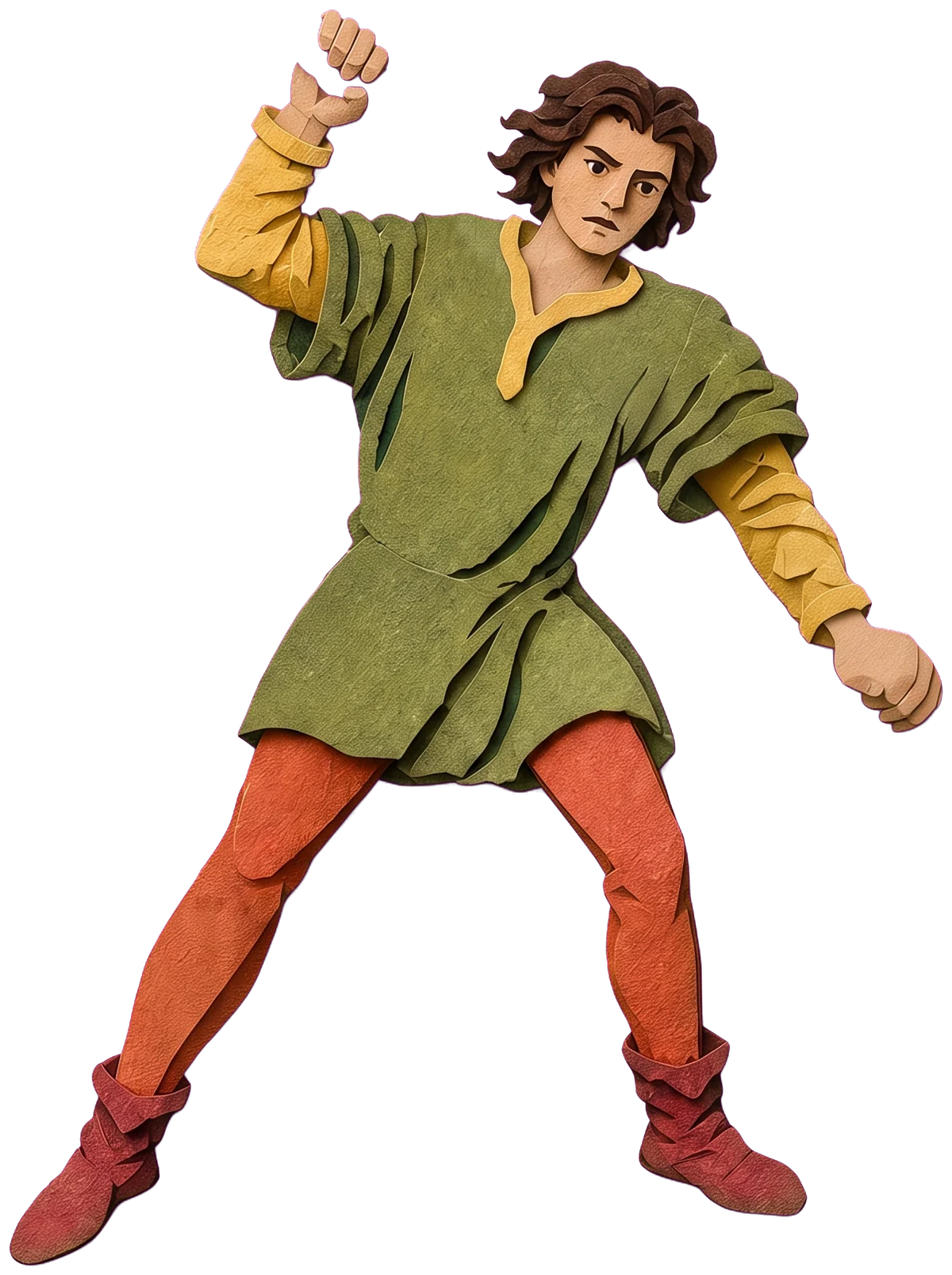 A young man in a green tunic with dark curly hair and a fierce look, swinging a long wand across his body