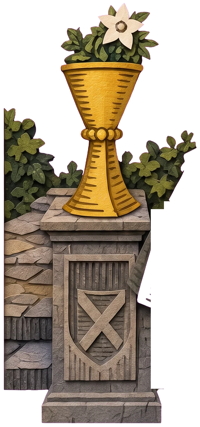 A grey stone pillar with a shield carved with a diagonal cross, and the foot of a golden cup standing on top