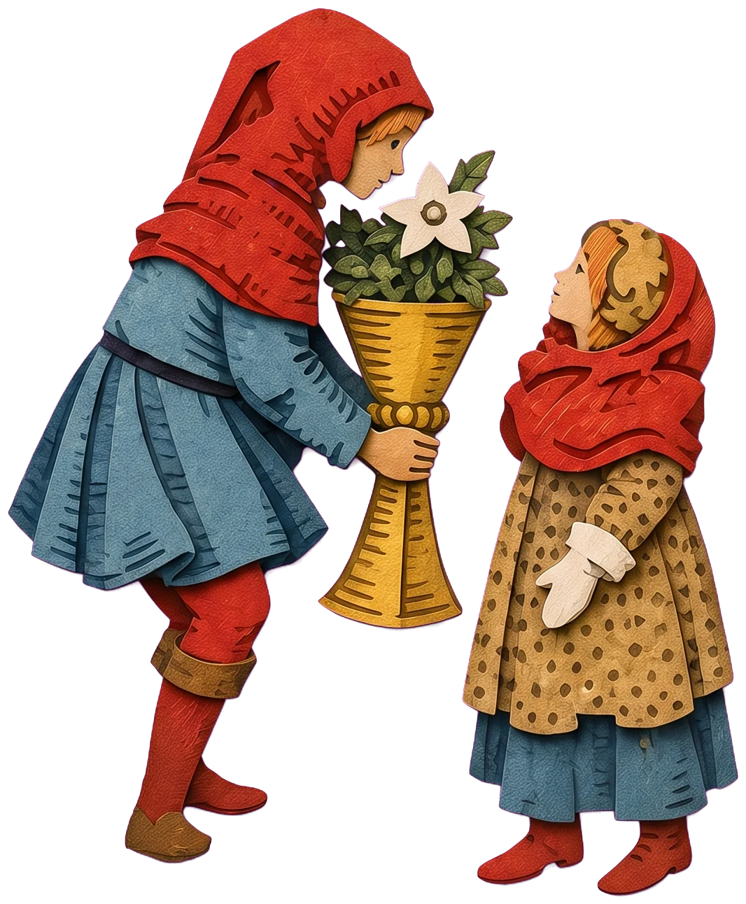 A child in a red hood and blue tunic bending to give a golden cup full of white flowers to a smaller child in a red shawl and spotted coat