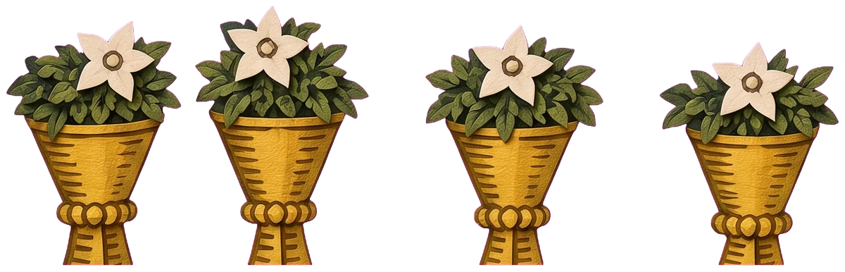 Golden cups in a row at the bottom of the card, each filled with green leaves and a white star-shaped flower