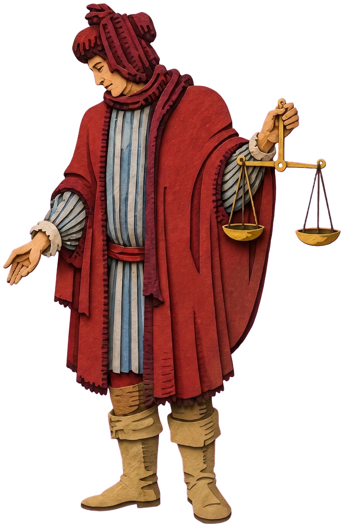 A merchant in a red hood and long red cloak over a blue and white striped robe, looking down kindly