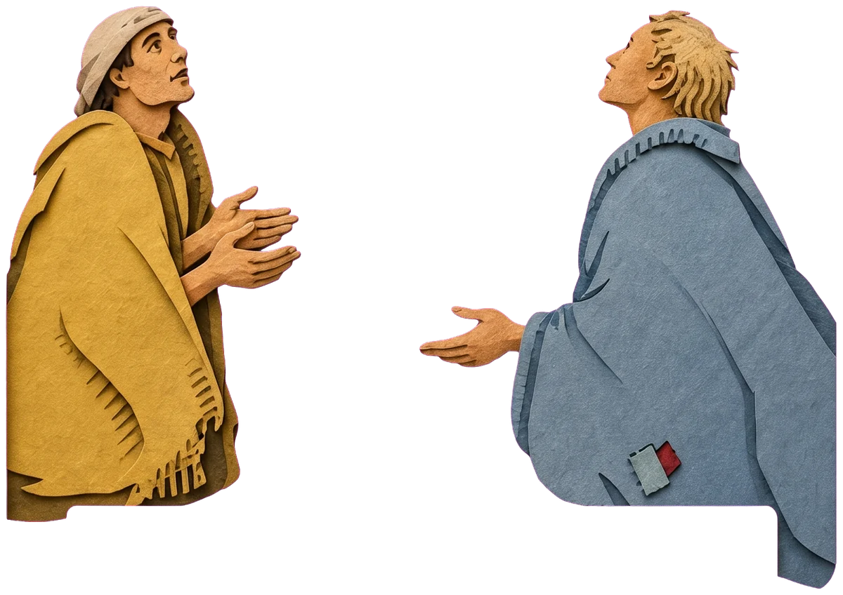 A fair-haired man in a patched blue cloak kneeling and looking up, one hand resting on the merchant's boot