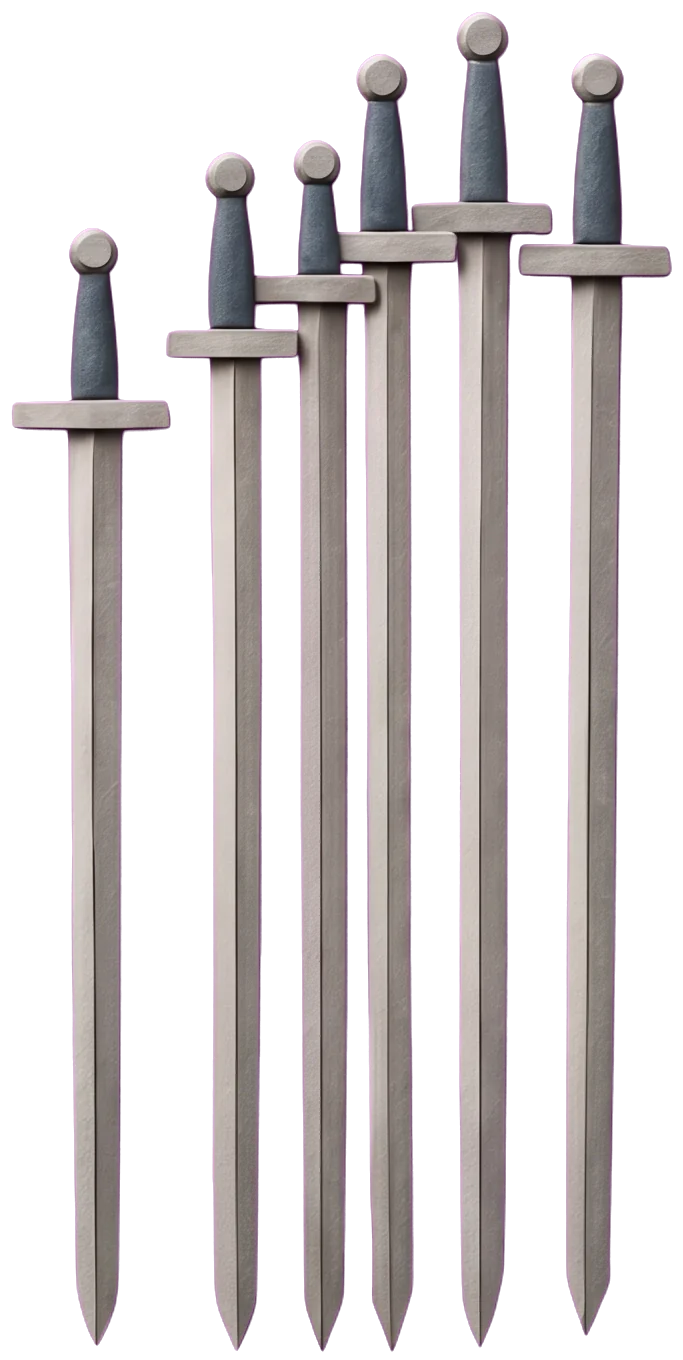 The hilts of six swords standing upright in a row in the boat, against the water and a grey sky