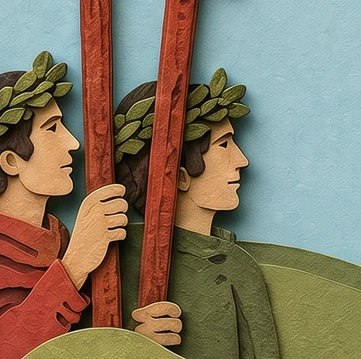 Two young men in laurel crowns holding tall wands, walking beside the rider
