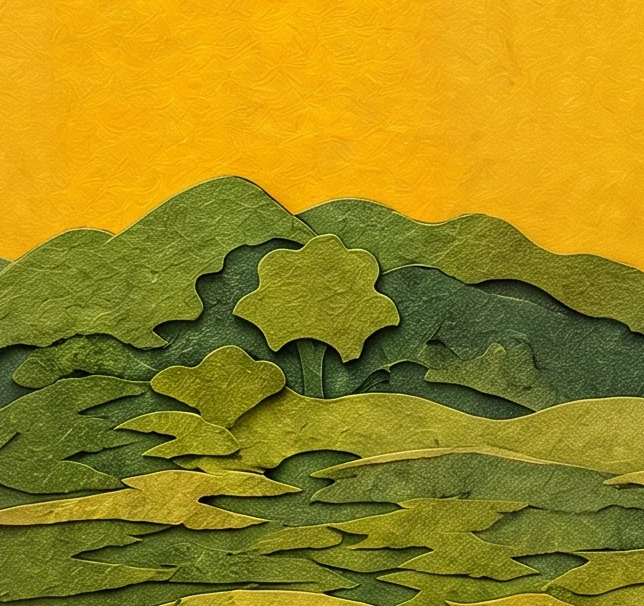 Low green hills and rough grass under a strong yellow sky, with the hem of the woman's white dress at the edge