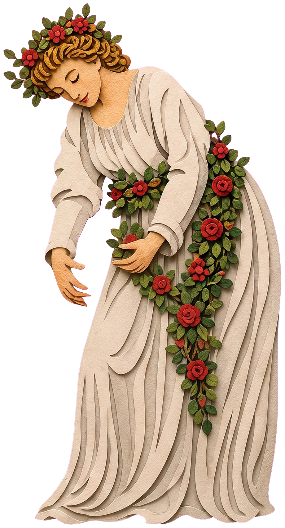 A garland of green leaves and red roses running over the woman's white dress down to the lion's mane.