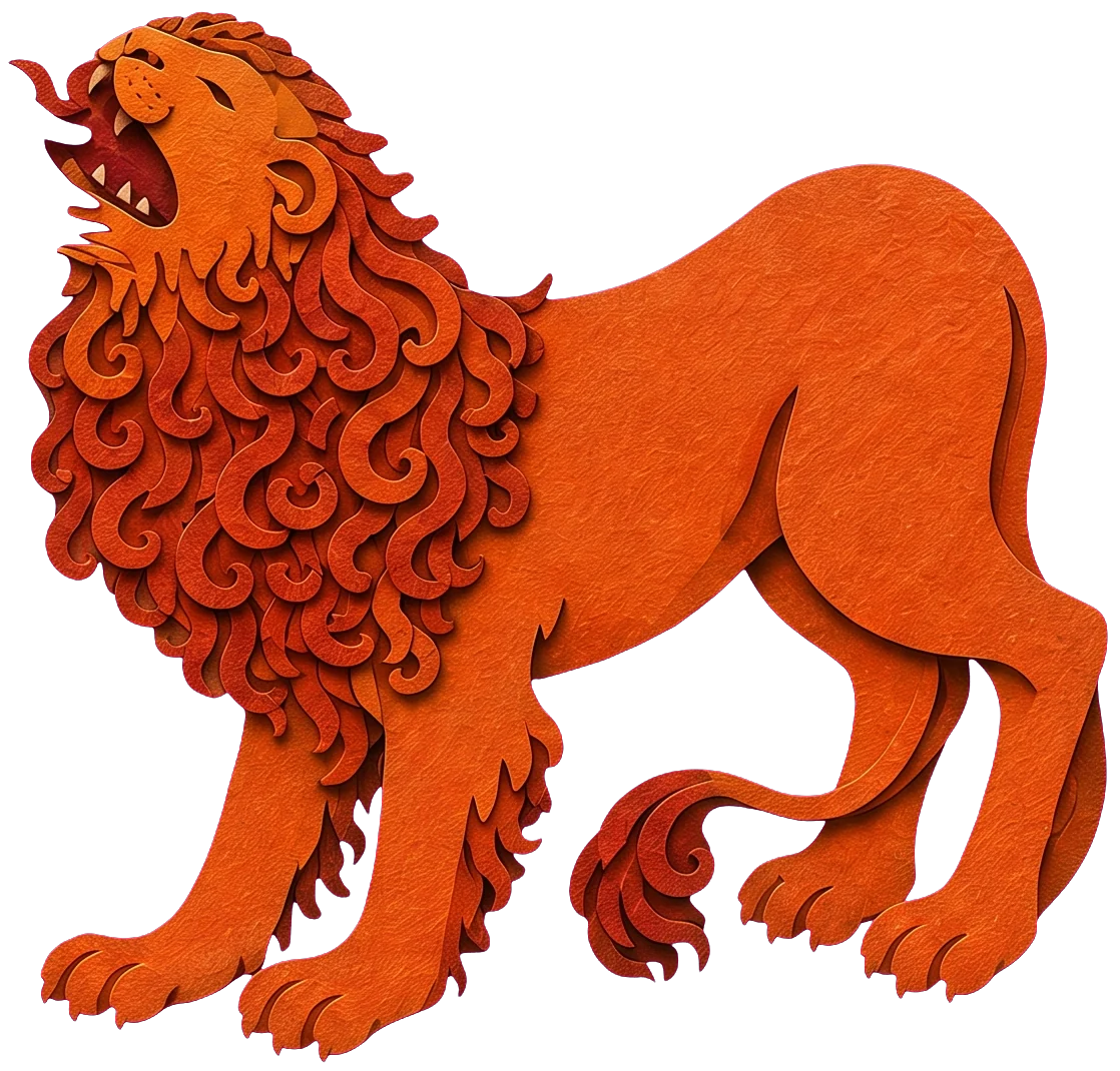 The orange body of the lion standing still on green grass, its tail curled behind it.