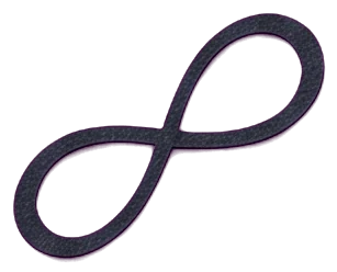 A dark figure-eight sign floating above the woman's bowed head, which wears a crown of leaves and red flowers.