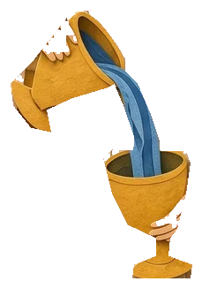 The angel pours a stream of blue water from a golden jug into a golden chalice