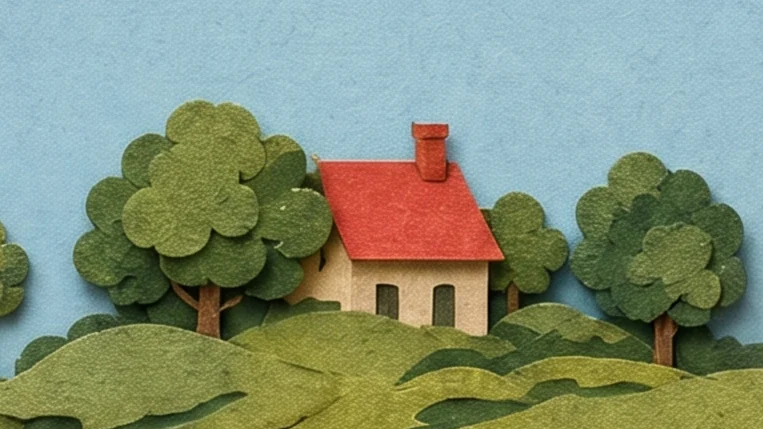 A small white house with a red roof among round green trees on a hill
