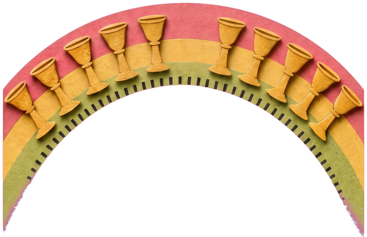 A rainbow of red, yellow and green bands arching across a pale blue sky, with a row of gold cups set along it