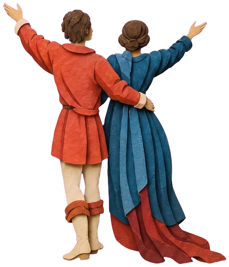 A man in a red tunic and a woman in a blue gown, seen from behind, his arm around her waist, each raising an arm to the sky