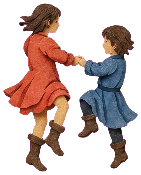 Two children, a girl in red and a boy in blue, holding hands and dancing on the grass