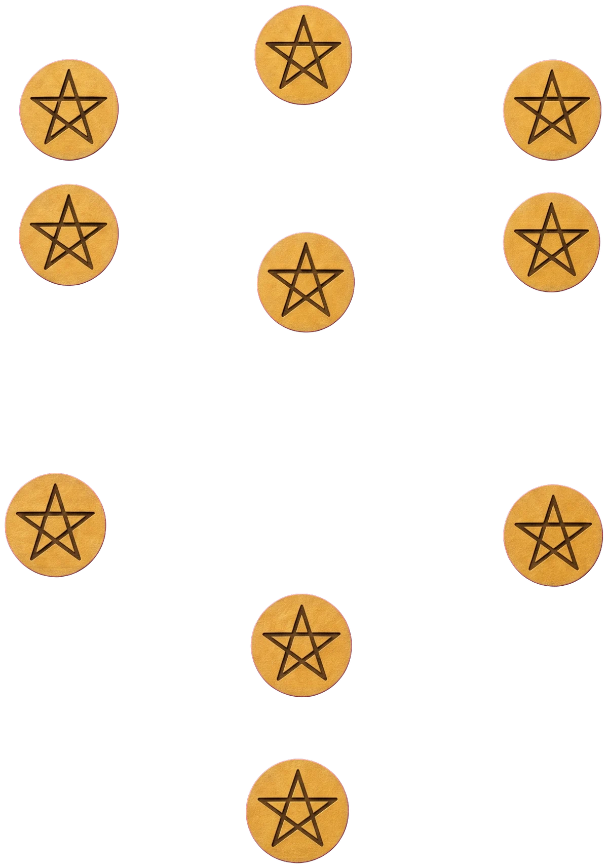 Golden pentacles set against a grey stone gateway with a carved shield, ivy at the edge and red roofs below