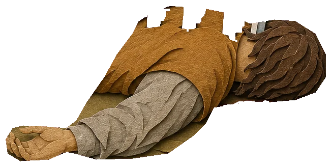 A man lying face down on olive ground in an ochre tunic, one arm stretched out with the palm open