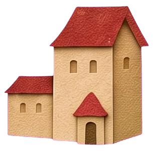 A small cream house with a red roof among green trees at the end of the road