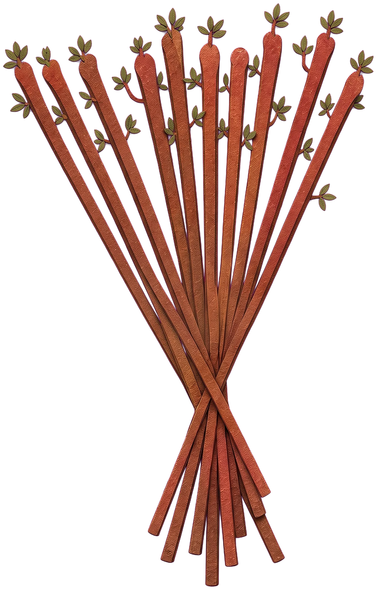Ten red-brown staves with green leaves, gathered in a bundle and fanning out above the man's head