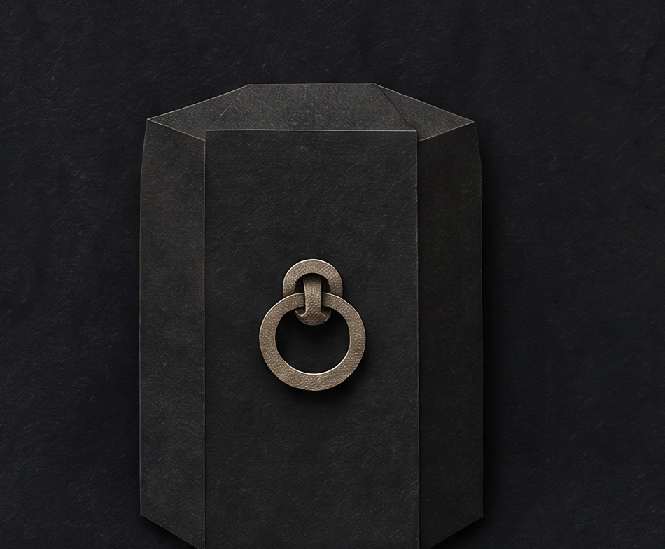 A black stone block with an iron ring on its front, two chains running from the ring, and the Devil's clawed feet resting on top