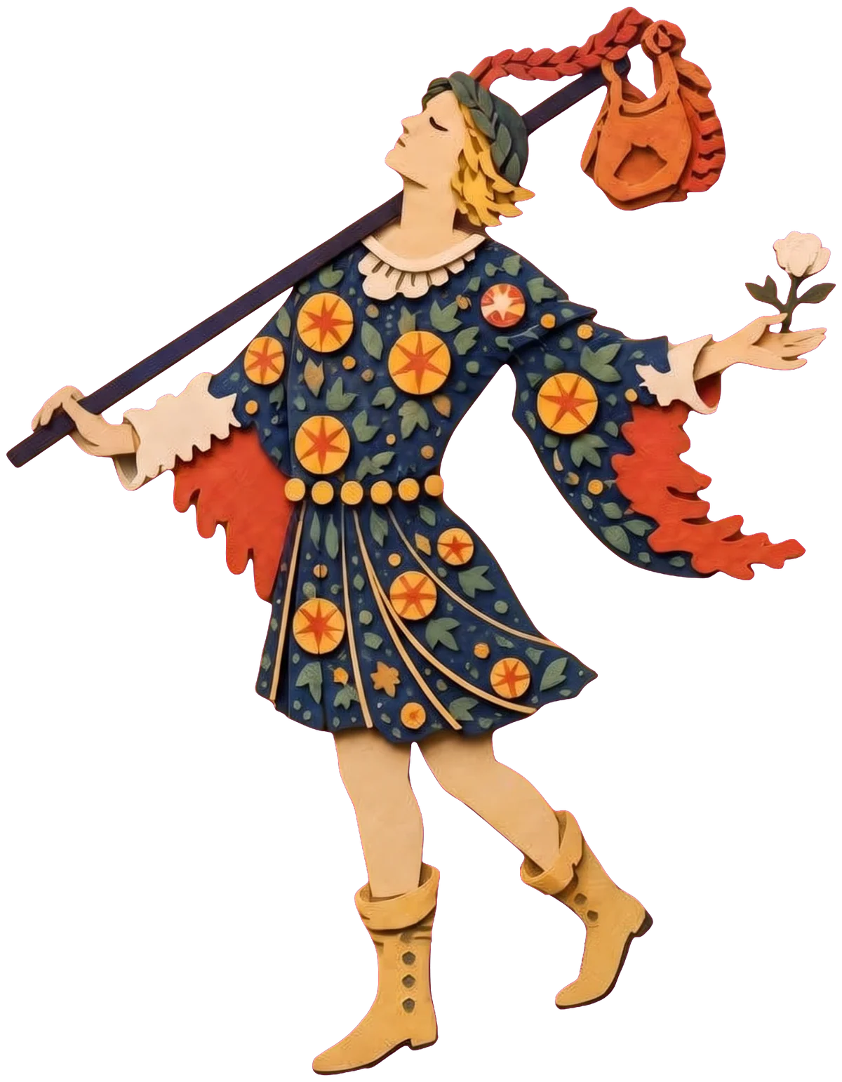 The young Fool in a dark blue tunic with gold star circles, a staff over his shoulder and his face lifted to the sky