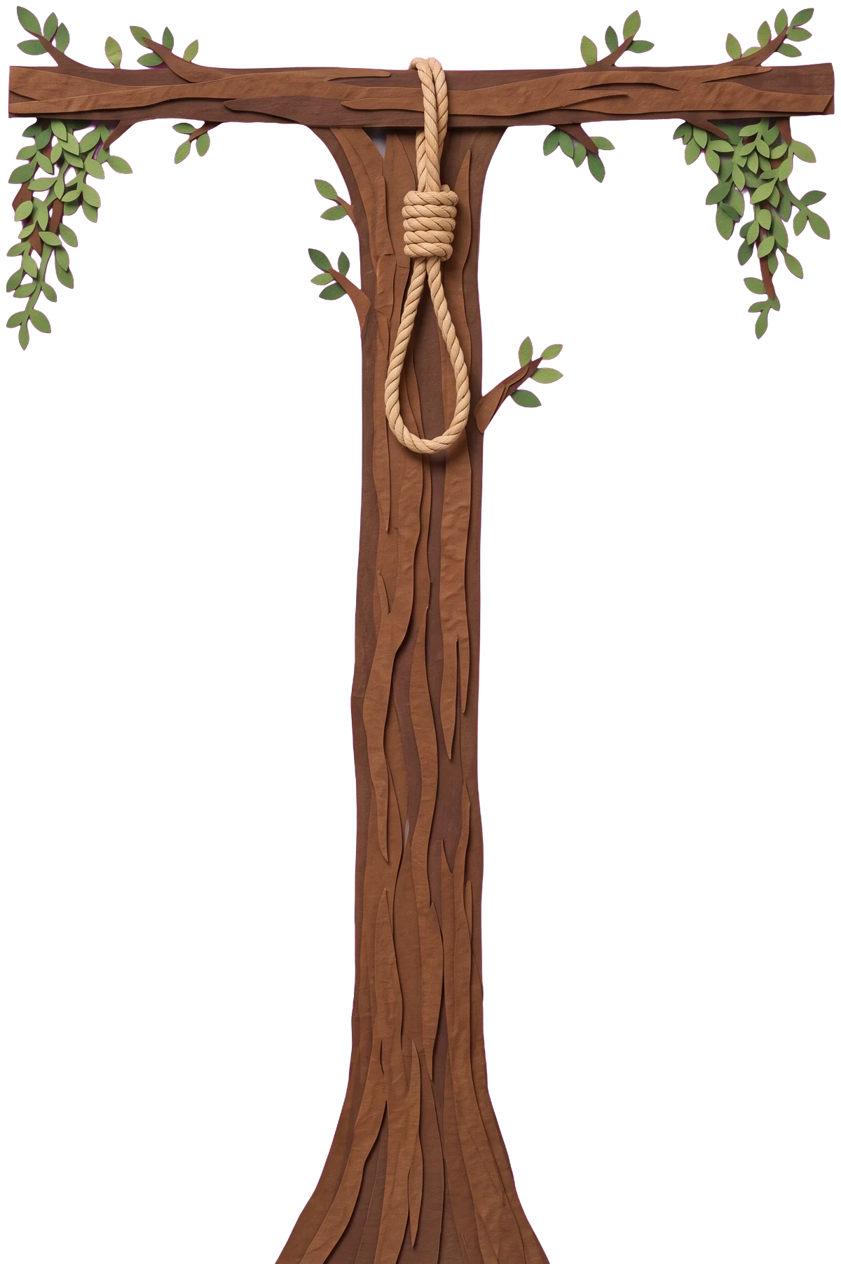 The right end of the wooden crossbeam, with green leaves growing from its branches.