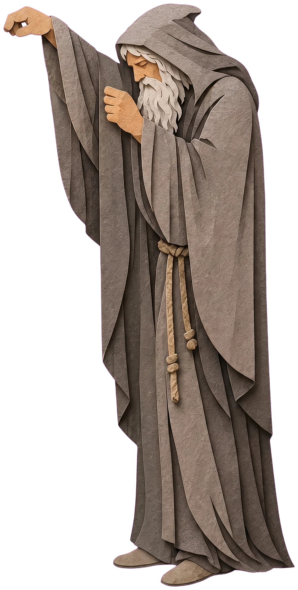 An old man with a long white beard in a grey hood, eyes lowered, one hand on a gold staff.