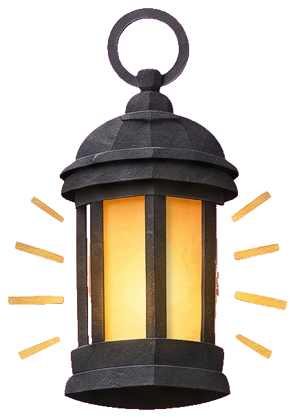 The hermit's hand holding up a black iron lantern that glows warm yellow.