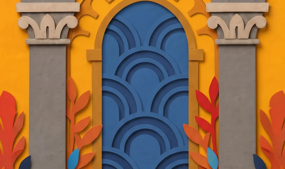 Two grey stone pillars with carved capitals against a golden wall, with the Hierophant's crowned head and raised hand between them