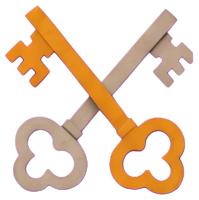 Two large crossed keys, one gold and one silver grey, lying on the step at the Hierophant's feet