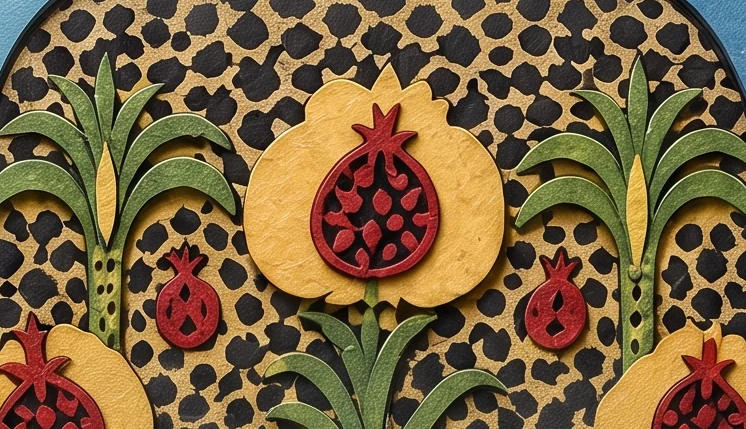The veil behind the High Priestess, patterned with green palms and red pomegranates on a dark spotted ground, above the tips of her horned crown