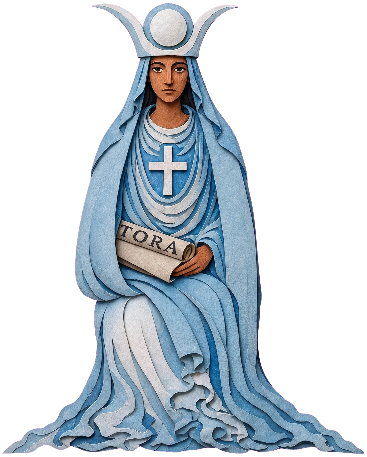 The High Priestess seated in a pale blue robe and white mantle, with a horned crown and white globe, a white cross on her breast and a scroll marked TORA in her lap