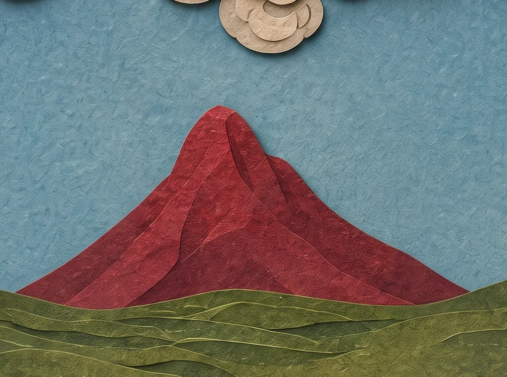 A red mountain rising between the man and the woman under a blue sky and pale clouds, with green ground at its foot