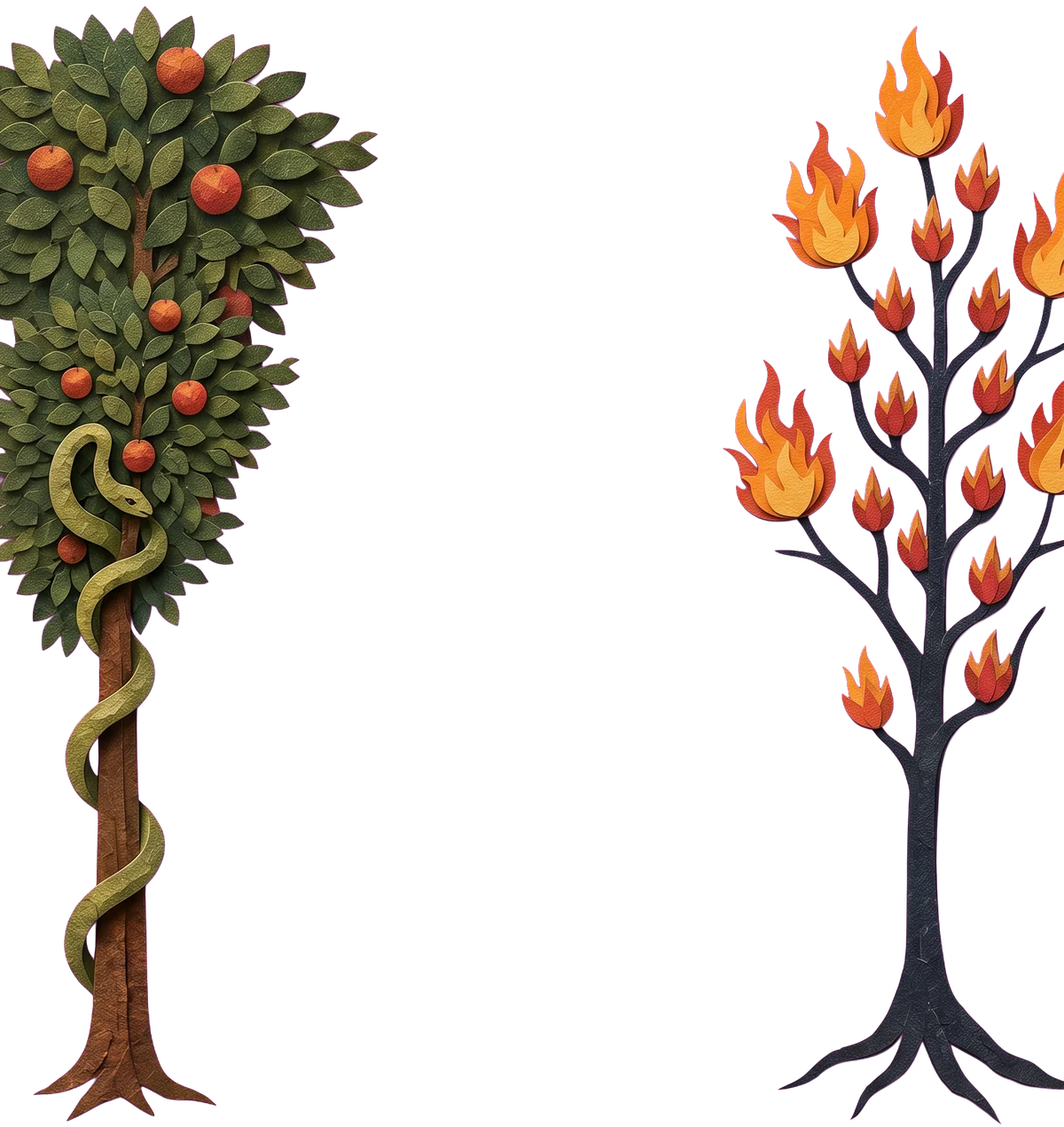 On the left a green tree with red fruit and a green serpent wound round its trunk; on the right a dark tree bearing small red flames