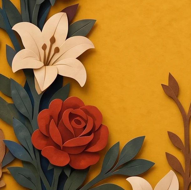 A white lily and a red rose with dark green leaves in the lower corner of the card