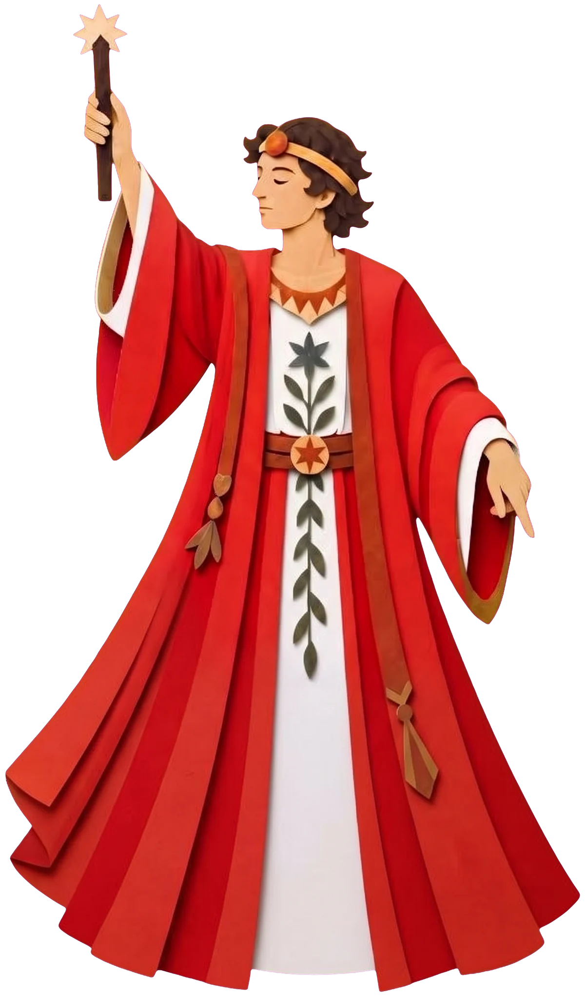 The Magician in a red robe over a white tunic, raising a wand to the sky with one hand and pointing down with the other