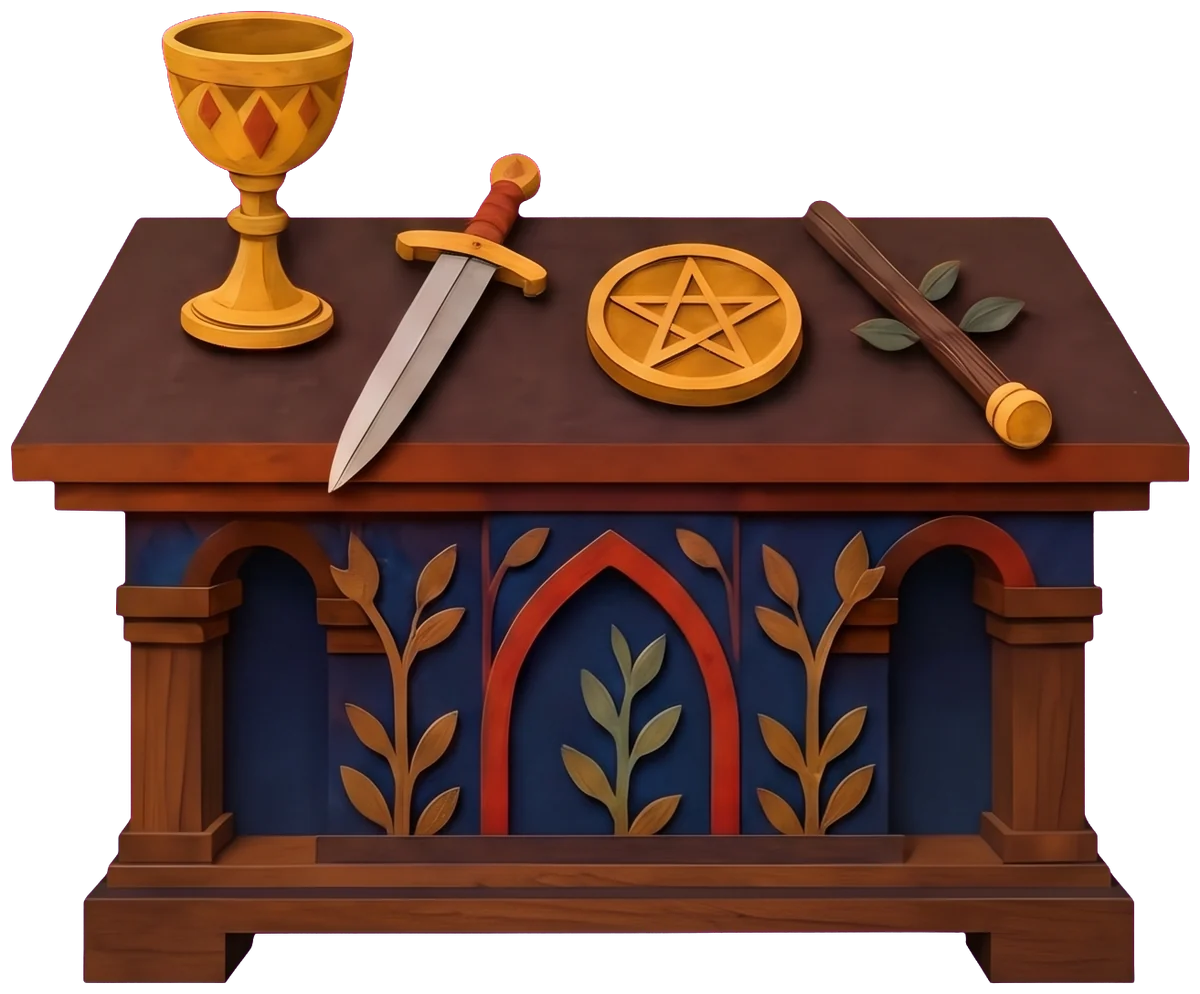 A dark wooden table holding a gold cup, a sword, a gold pentacle and a wooden wand