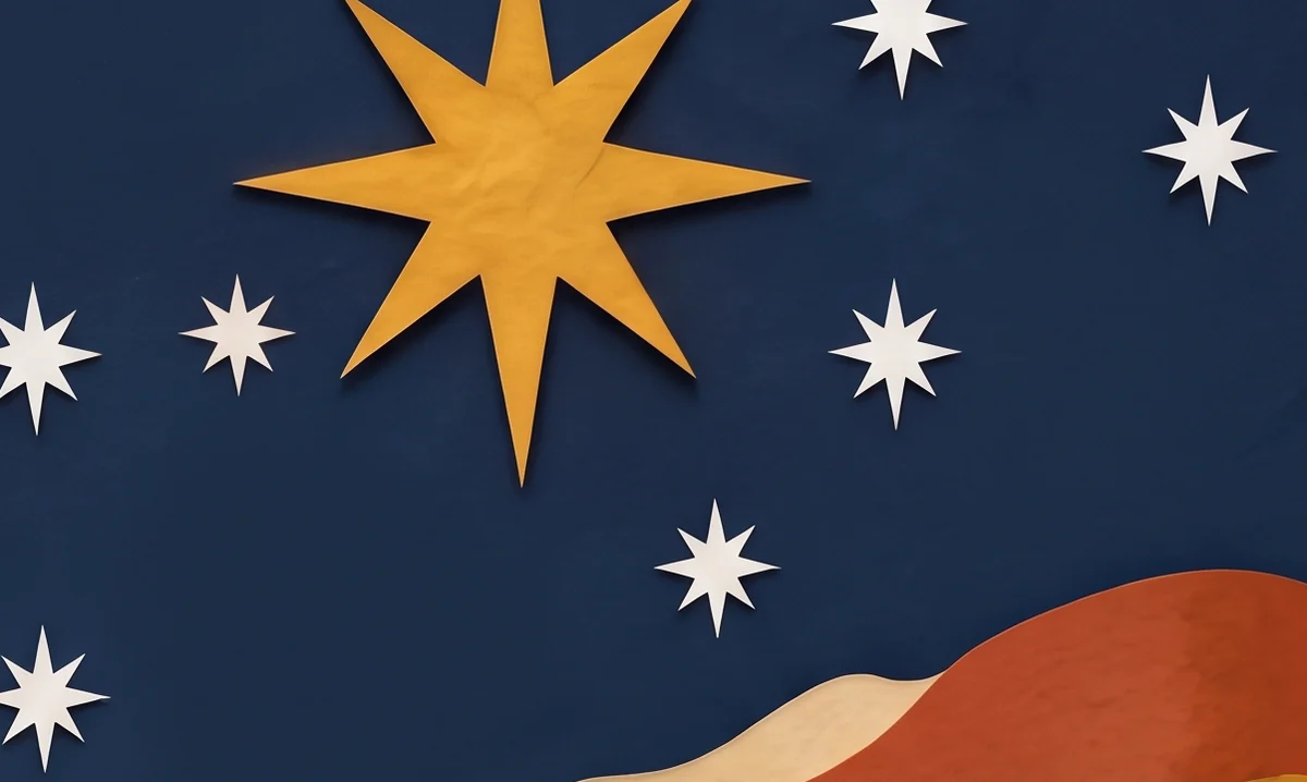 A large golden eight-pointed star in a dark blue sky, with smaller white eight-pointed stars around it