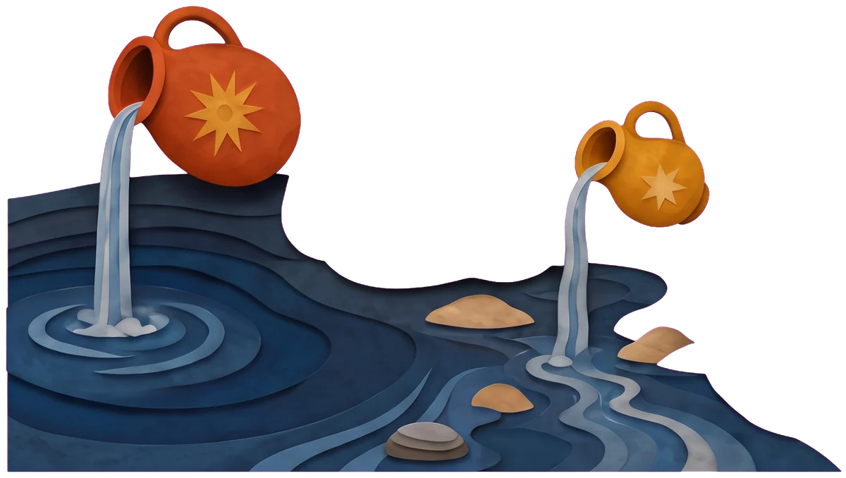 The woman pours water from a red jug and a yellow jug, both marked with stars, into a dark blue pool and stream