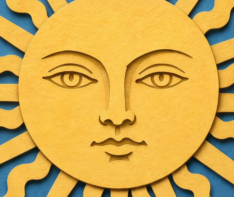 A large golden sun with a calm human face, its rays alternating straight and wavy against a blue sky