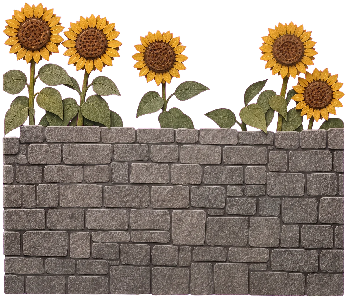 Tall sunflowers with green leaves growing above a grey stone wall, beside the child's outstretched arm