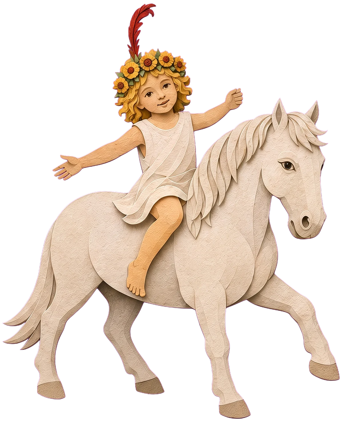 A smiling curly-haired child with a crown of small sunflowers and a red feather, arms spread wide, sunflowers behind