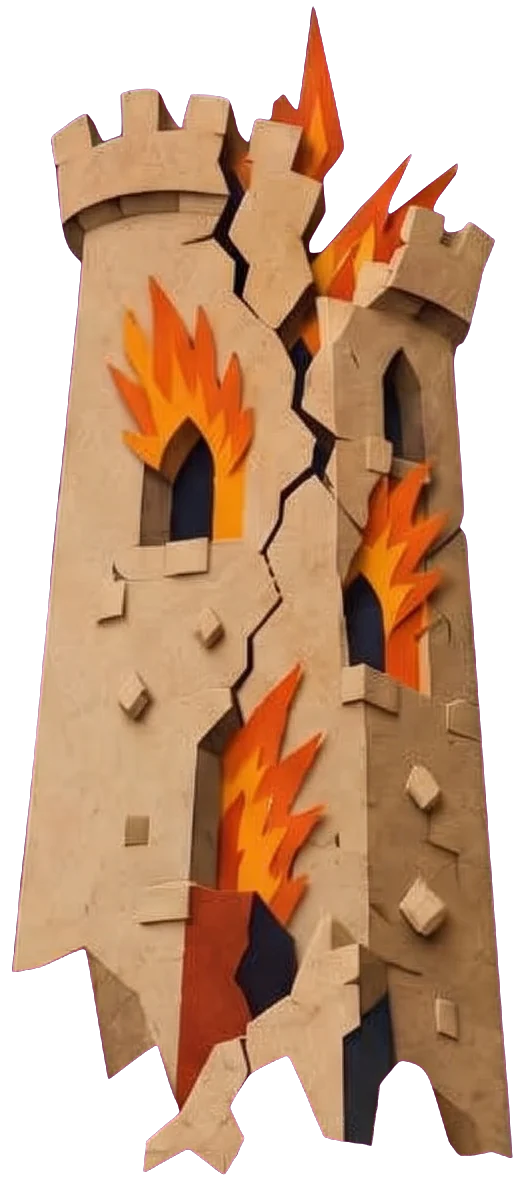 The stone tower cracked from top to bottom, with flames bursting out of its windows